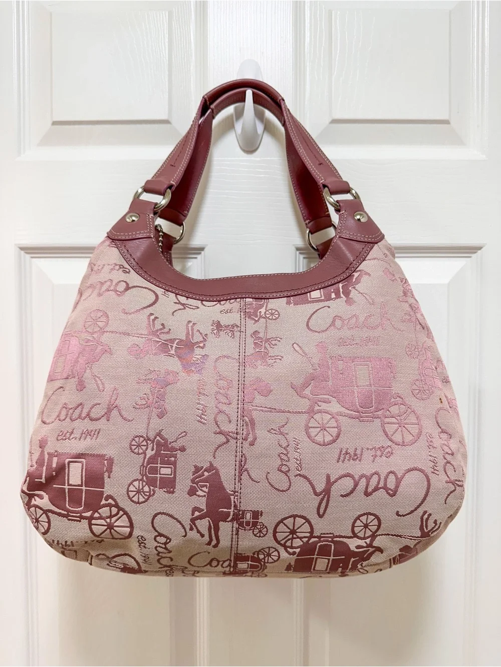 Coach Soho Lyn Horse & Carriage Pink Jacquard & Leather Trim Large Hobo Y2K